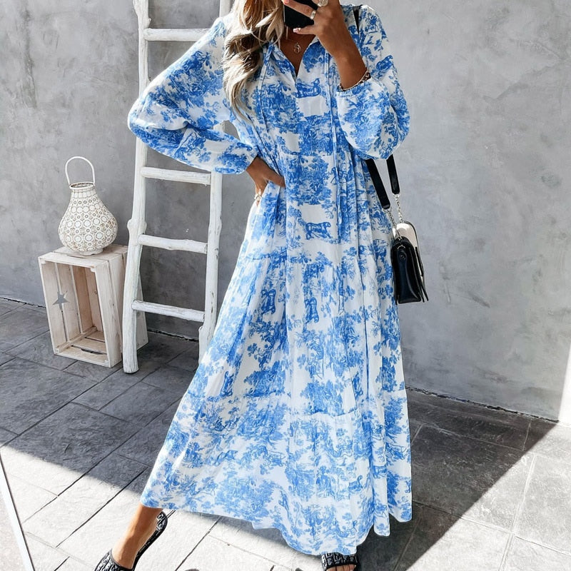 Women's Maxi Dress Long Sleeves V-Neck Cotton Ruffle Details