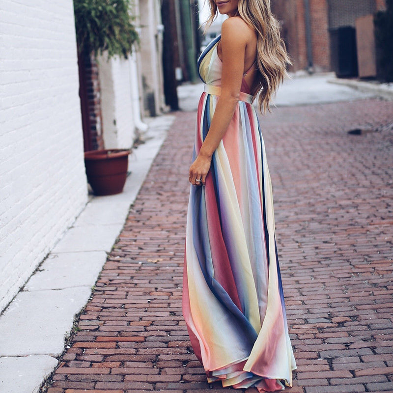Women's Maxi Dress V-Ausschnitt Multicoloured Striped