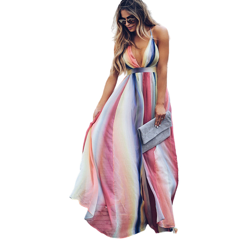 Women's Maxi Dress V-Ausschnitt Multicoloured Striped