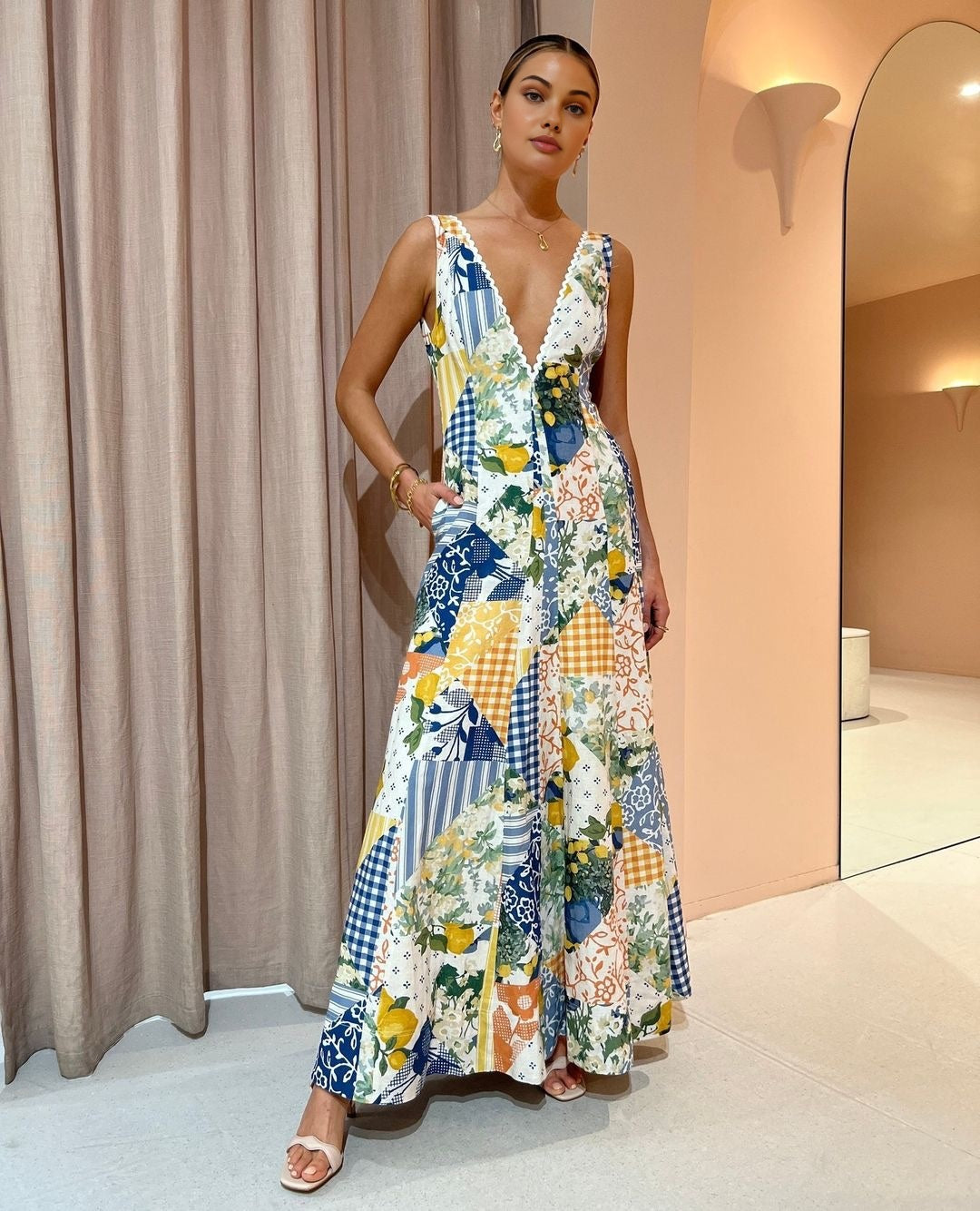 Women's Maxi Dress V-Neck Patchwork Cotton Summer Long Dress