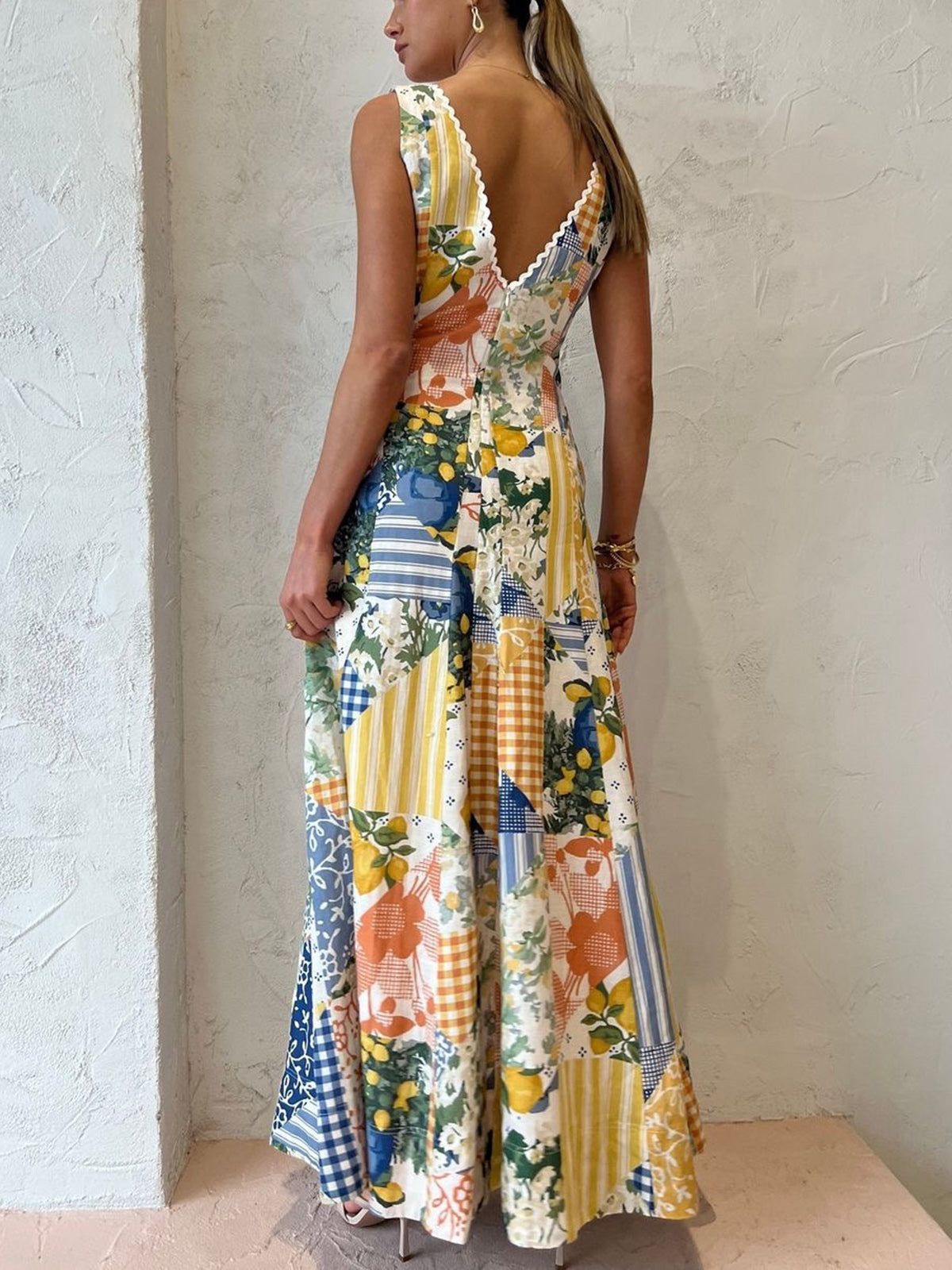 Women's Maxi Dress V-Neck Patchwork Cotton Summer Long Dress