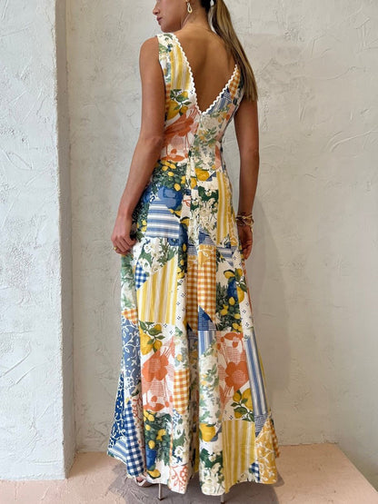Women's Maxi Dress V-Neck Patchwork Cotton Summer Long Dress