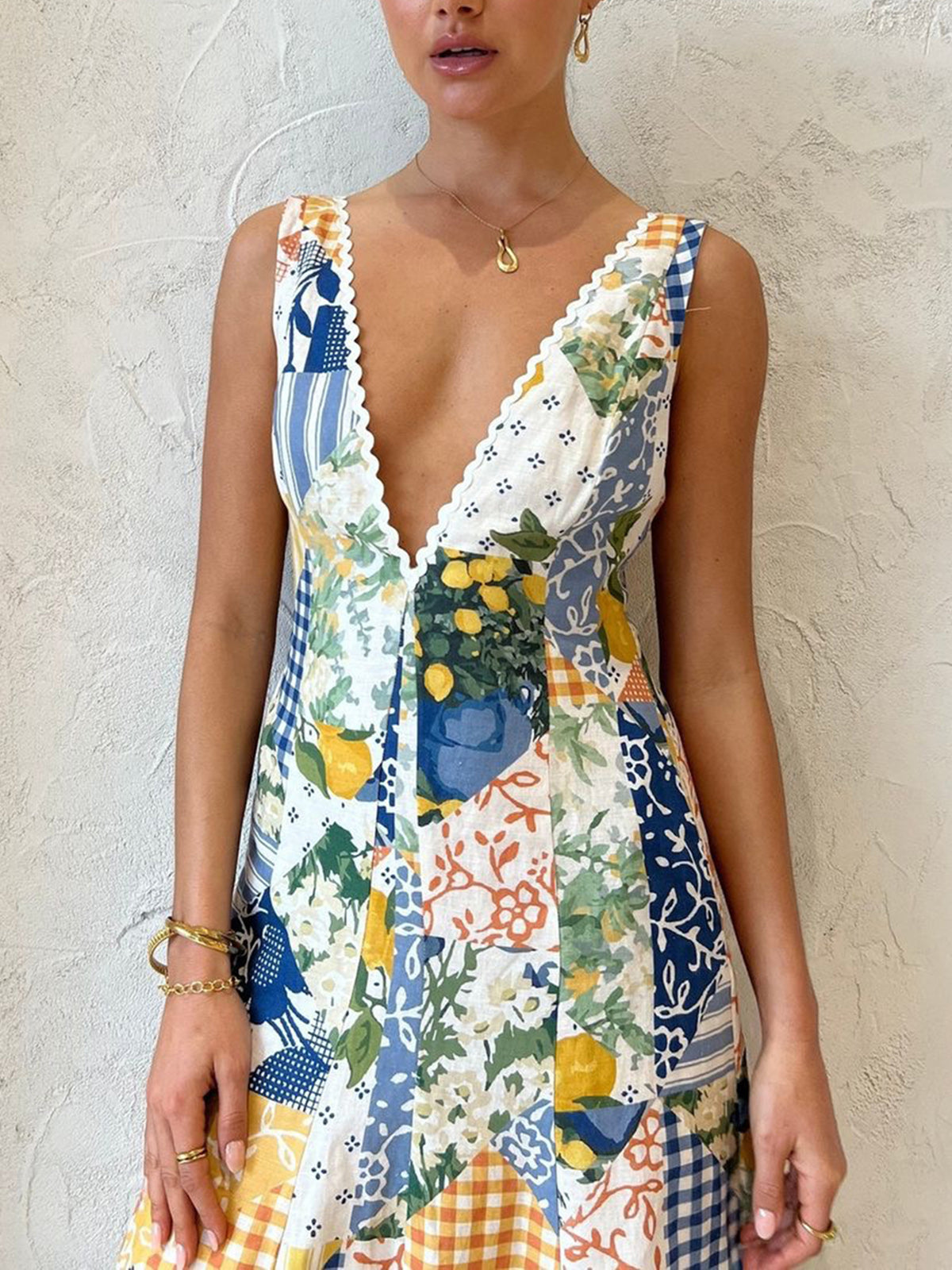 Women's Maxi Dress V-Neck Patchwork Cotton Summer Long Dress