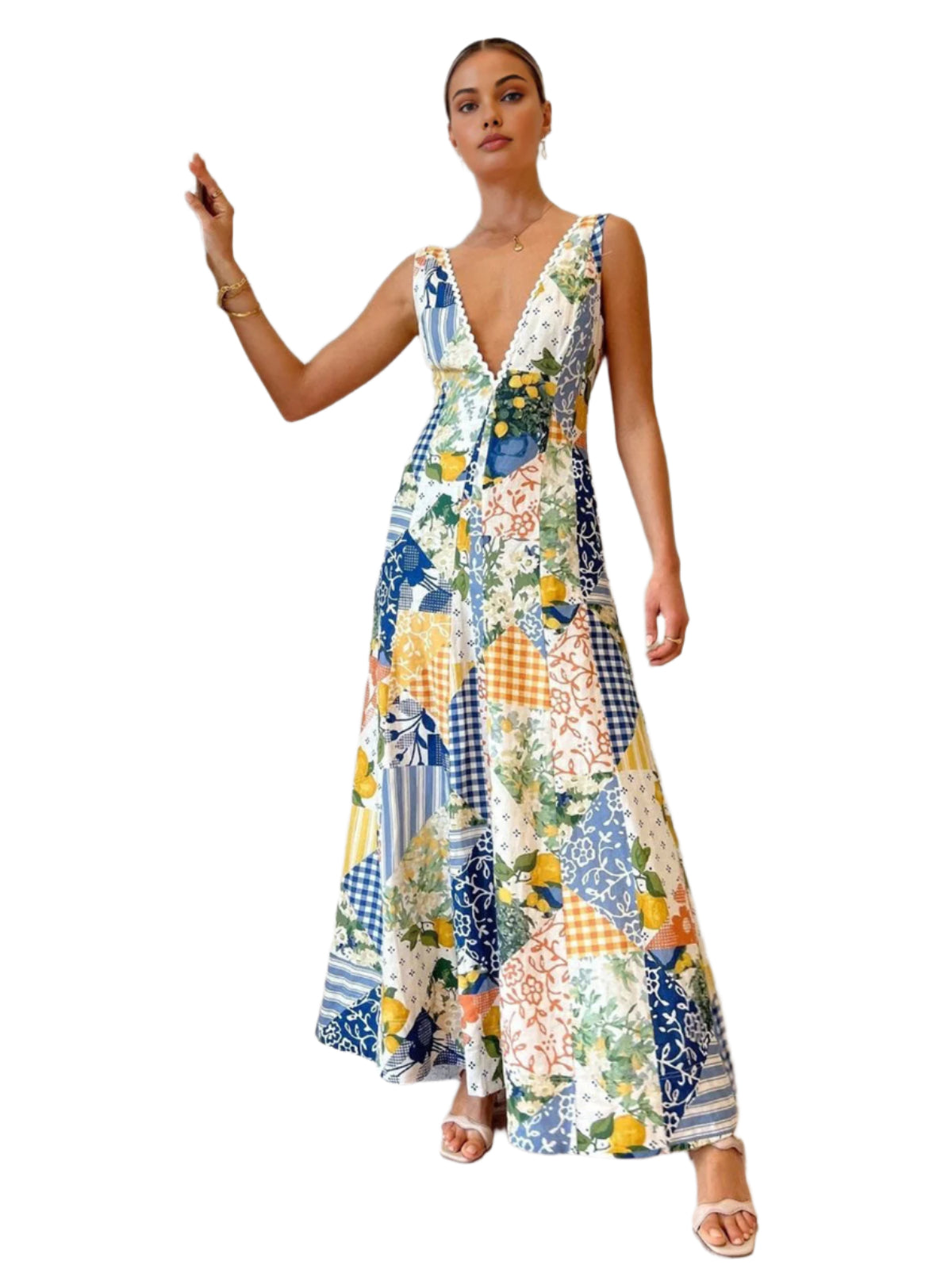 Women's Maxi Dress V-Neck Patchwork Cotton Summer Long Dress