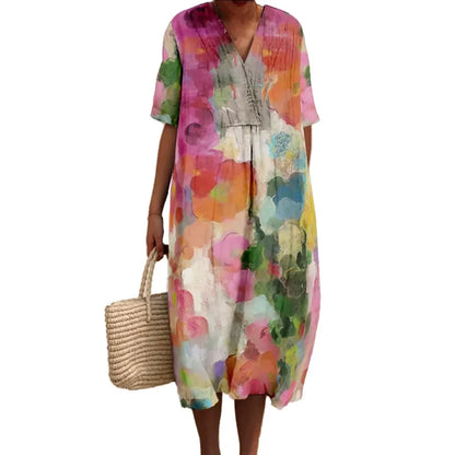 Women's Maxi Dress V-Neck Short Sleeves Digital Print for Summer