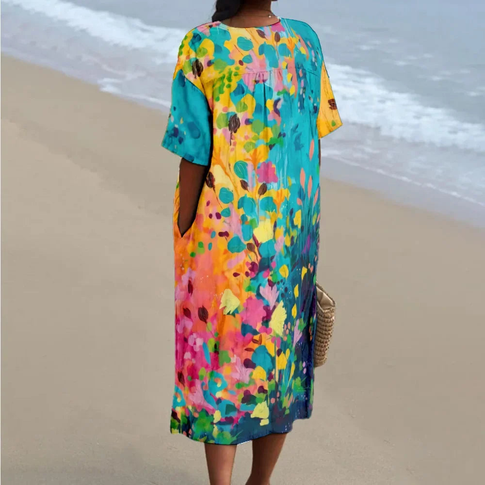 Women's Maxi Dress V-Neck Short Sleeves Loose Fit Breathable for Summer