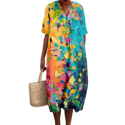 Women's Maxi Dress V-Neck Short Sleeves Loose Fit Breathable for Summer