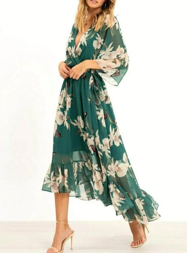 Women's Maxi Dress V-neck 3/4 Sleeves Luxury Fabric