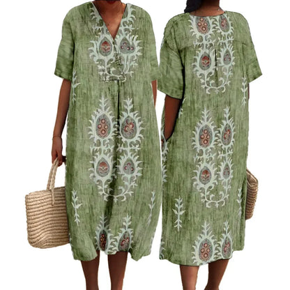 Women's Maxi Dress V-neck Short Sleeves Digital Print for Summer