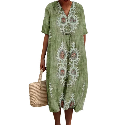 Women's Maxi Dress V-neck Short Sleeves Digital Print for Summer