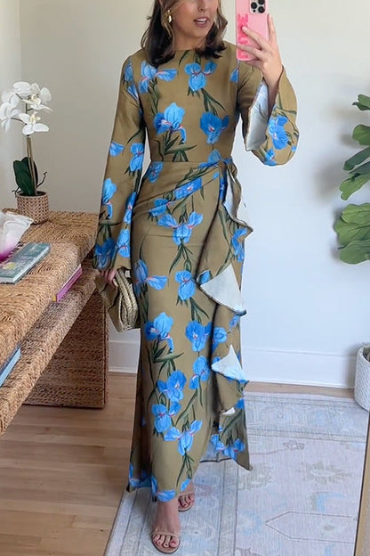 Women's Maxi Dress With Floral Print And Draped Split