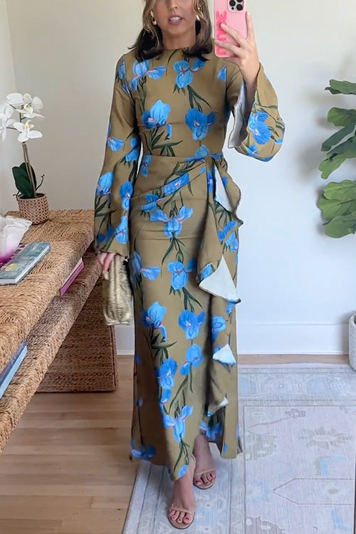 Women's Maxi Dress With Floral Print And Draped Split