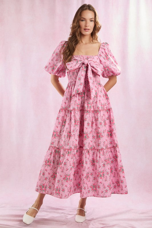 Women's Maxi Dress With Floral Print Front Bow Detail