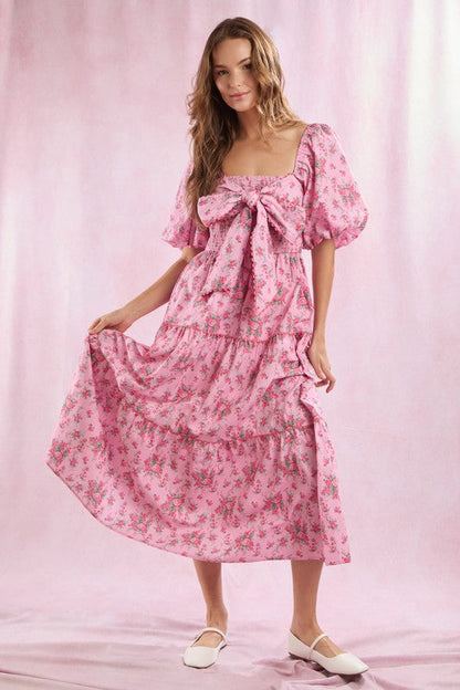 Women's Maxi Dress With Floral Print Front Bow Detail