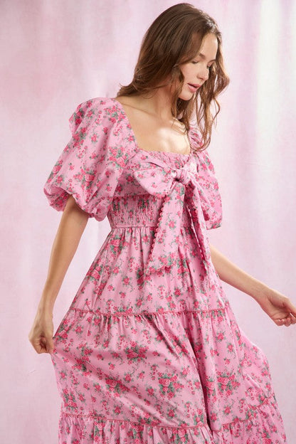 Women's Maxi Dress With Floral Print Front Bow Detail