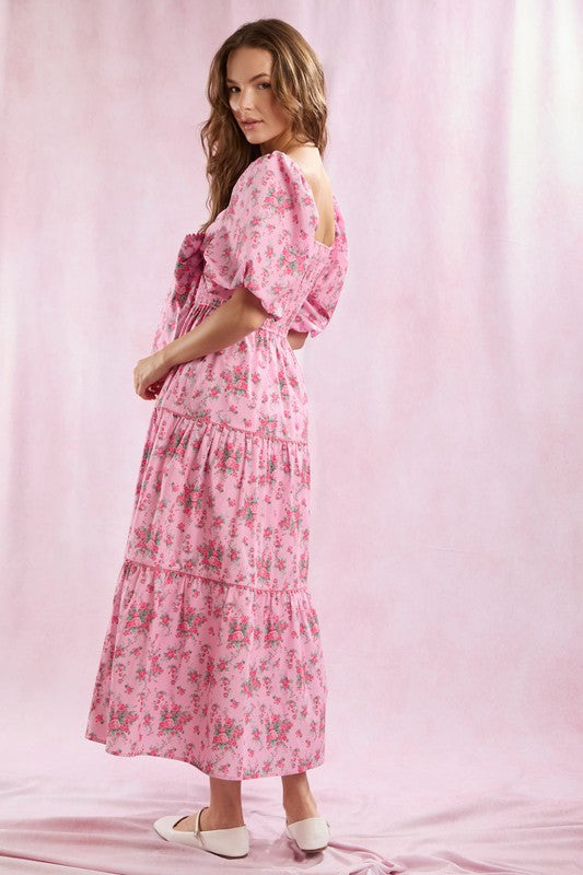 Women's Maxi Dress With Floral Print Front Bow Detail
