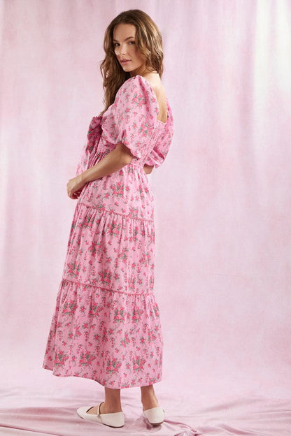 Women's Maxi Dress With Floral Print Front Bow Detail