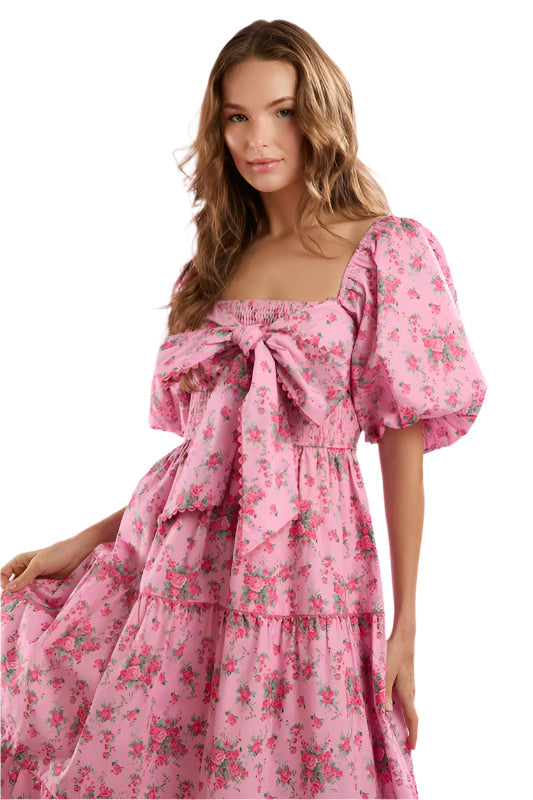 Women's Maxi Dress With Floral Print Front Bow Detail