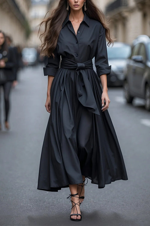 Women's Maxi Dress With Lapels and Long Sleeves