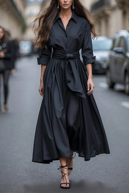 Women's Maxi Dress With Lapels and Long Sleeves