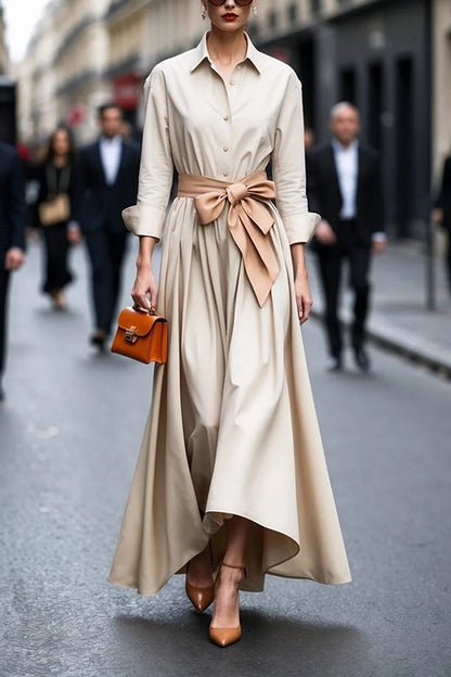 Women's Maxi Dress With Lapels and Long Sleeves