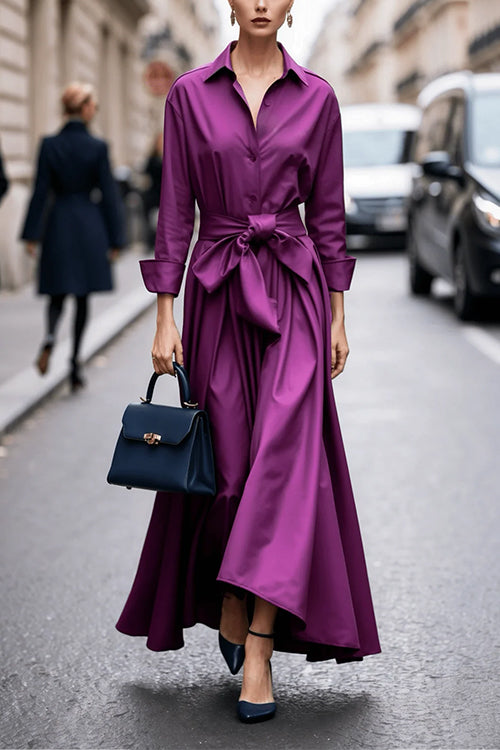 Women's Maxi Dress With Lapels and Long Sleeves
