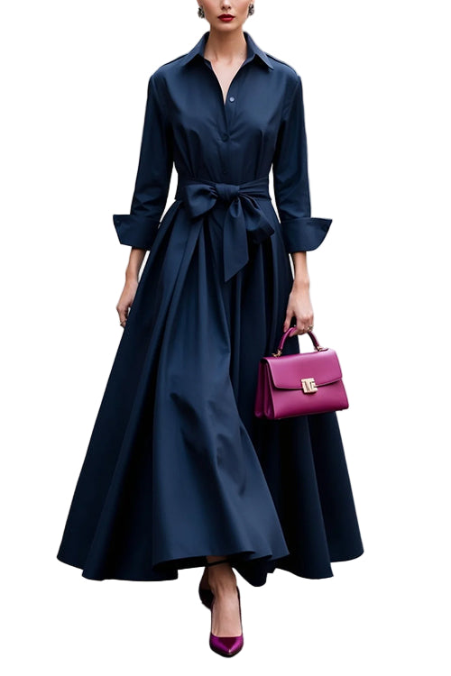 Women's Maxi Dress With Lapels and Long Sleeves