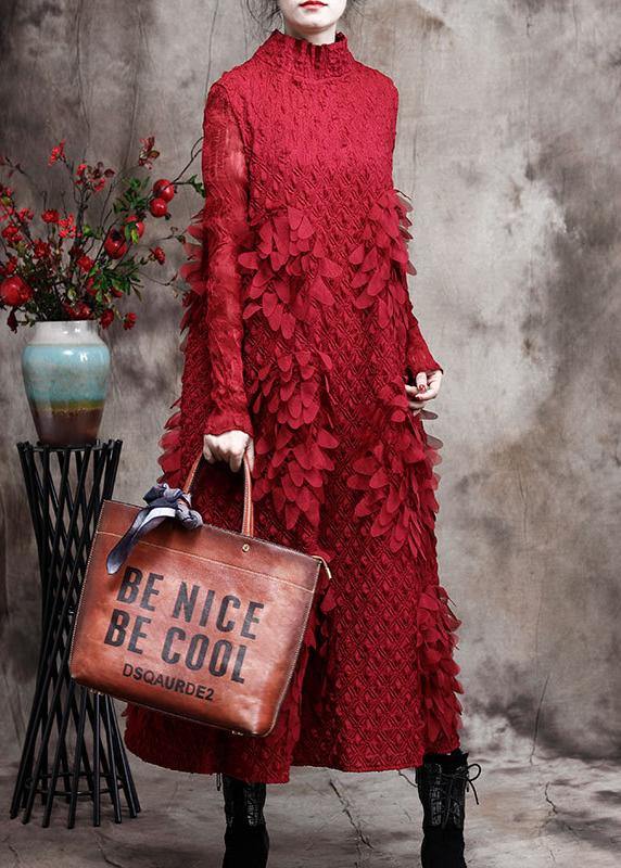 Women's Maxi Dress With Standing Collar and Three-Dimensional Decoration