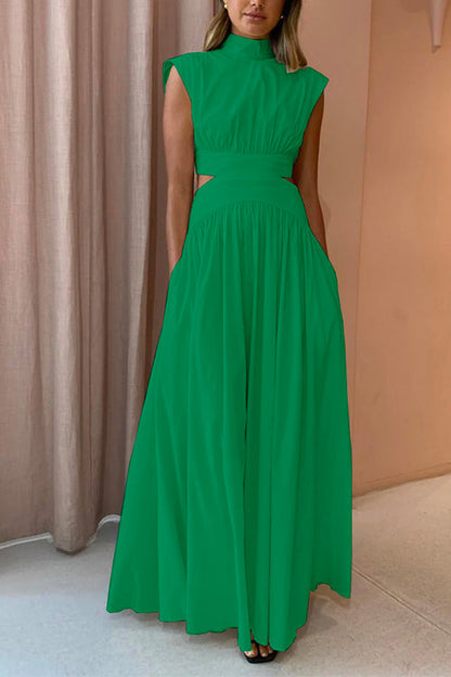 Women's Maxi Swing Dress with High Neck and Cut-out Waist