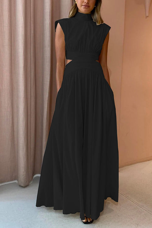 Women's Maxi Swing Dress with High Neck and Cut-out Waist