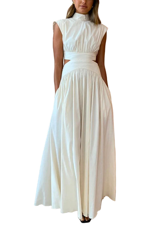 Women's Maxi Swing Dress with High Neck and Cut-out Waist