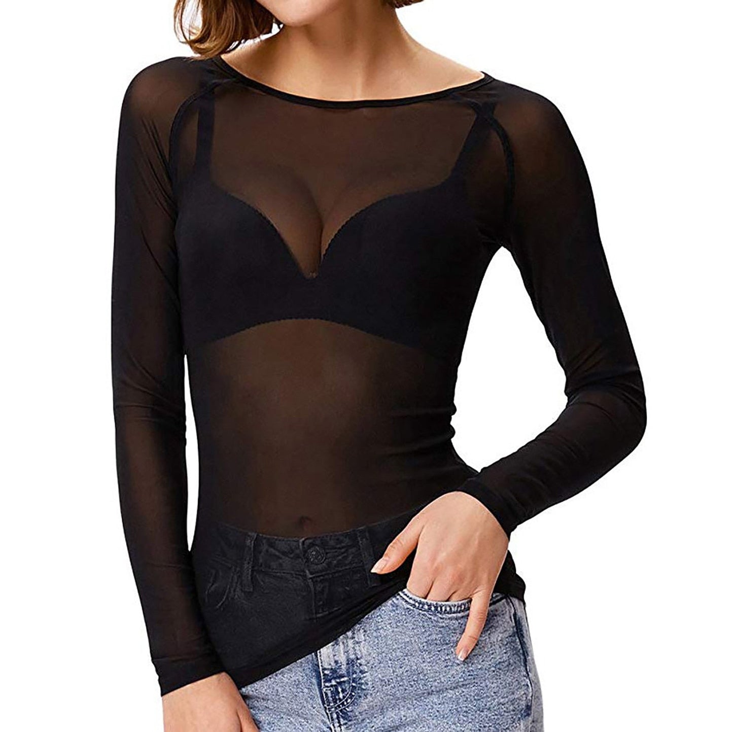 Women's Mesh Top Long Sleeves Transparent
