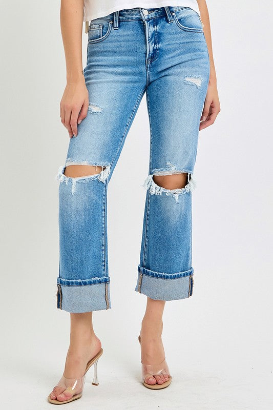 Women's Mid Rise Straight Cuffed Jeans Denim