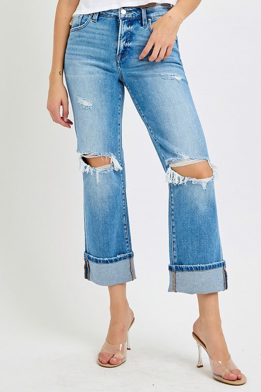 Women's Mid Rise Straight Cuffed Jeans Denim