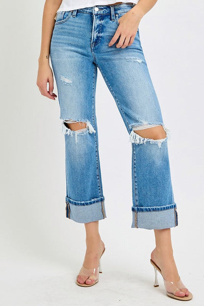 Women's Mid Rise Straight Cuffed Jeans Denim
