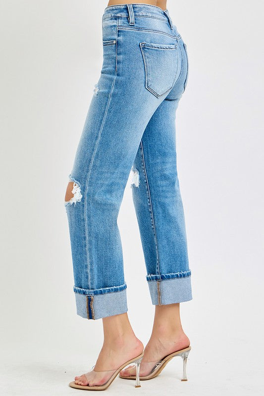 Women's Mid Rise Straight Cuffed Jeans Denim