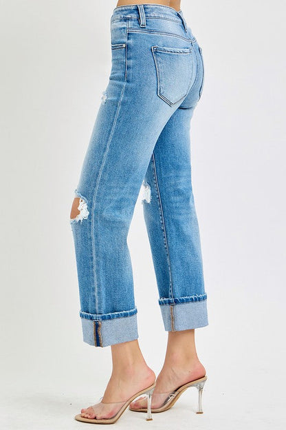 Women's Mid Rise Straight Cuffed Jeans Denim