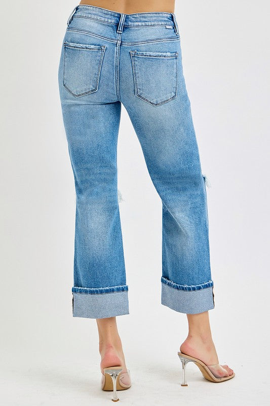 Women's Mid Rise Straight Cuffed Jeans Denim