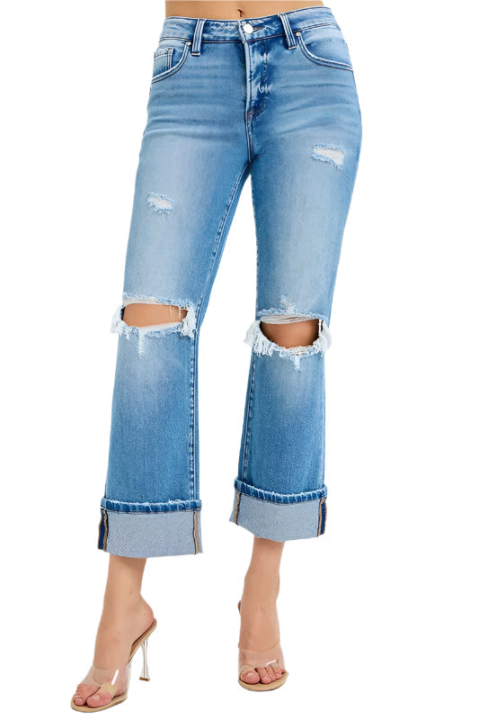 Women's Mid Rise Straight Cuffed Jeans Denim