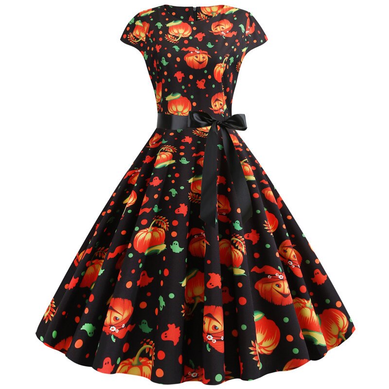 Women's Midi Costume Dress with Ghost and Pumpkin Print for Halloween