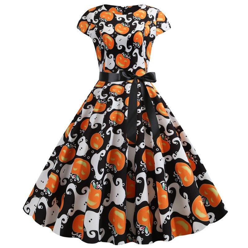 Women's Midi Costume Dress with Ghost and Pumpkin Print for Halloween