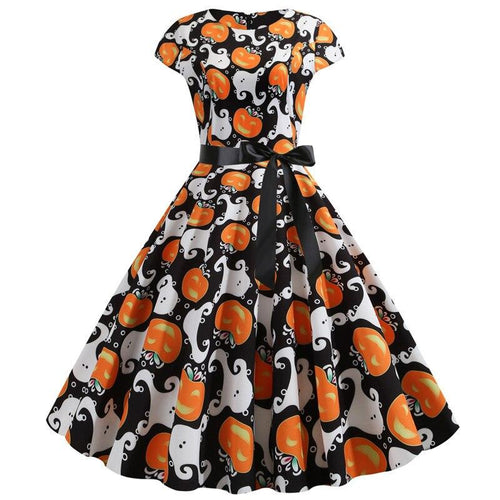 Women's Midi Costume Dress with Ghost and Pumpkin Print for Halloween