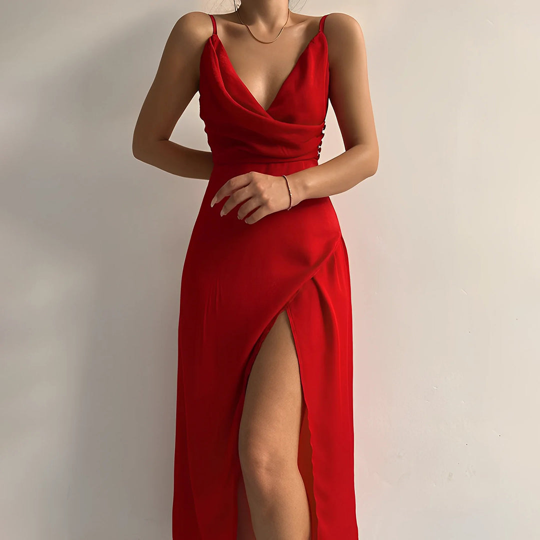 Women's Midi Dress Draped with Spaghetti Straps and Bold Split