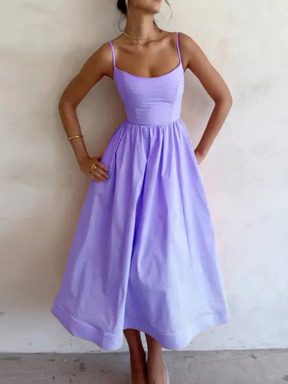 Women's Midi Dress U-Neck Plissé Spaghetti Straps