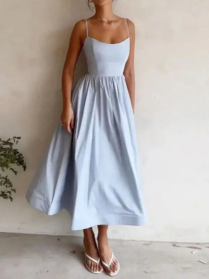 Women's Midi Dress U-Neck Plissé Spaghetti Straps