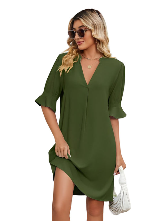 Women's Midi Dress V-Ausschnitt with Half Sleeves
