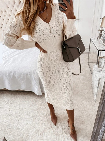 Women's Midi Dress V-Neck Cotton Blend Knee-Length Long Sleeves