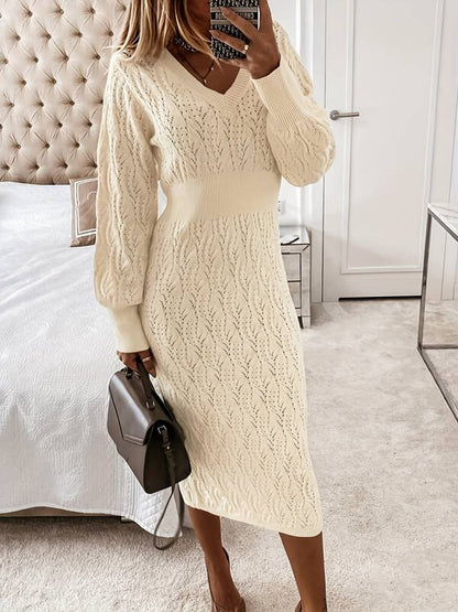 Women's Midi Dress V-Neck Cotton Blend Knee-Length Long Sleeves