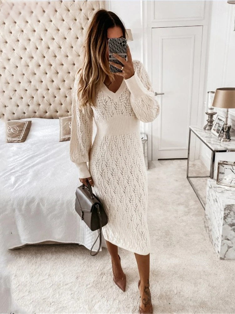Women's Midi Dress V-Neck Cotton Blend Knee-Length Long Sleeves