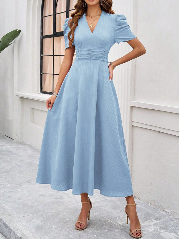 Women's Midi Dress V-Neck With Puff Sleeves And Ruffle Waist